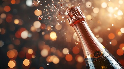 Champagne bottle with sparkling burst of bubbles.