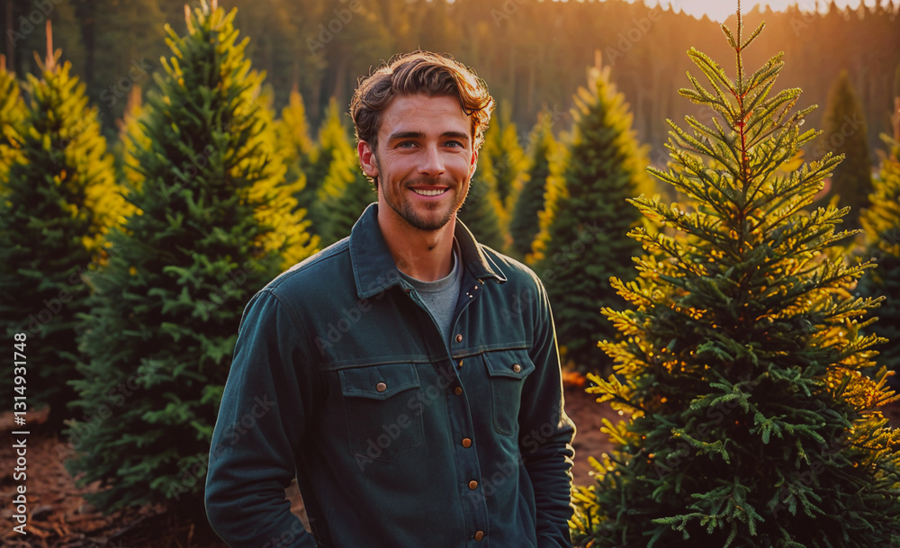 Aufkleber Man is standing in front of a row of pine trees, smiling and posing for a picture