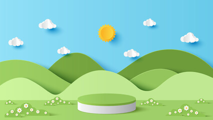 Fototapeta premium Podium cylinder for product display presentation. Park scenery with mountain and cloud sky on a sunny day for online shop,discount promotion