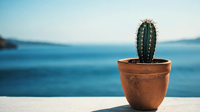 Cactus in a terracotta pot overlooking a serene blue ocean under clear skies