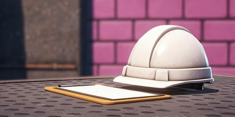 An image of a hard hat and clipboard resting on a steel table, representing harmony between safety measures and strategic planning in construction.