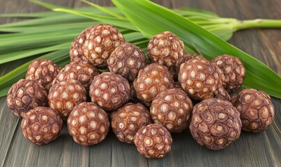 Obraz premium Rattan seeds and palm leaves on wood table, ingredient for crafts