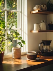 A cozy kitchen scene featuring plants and warm morning light