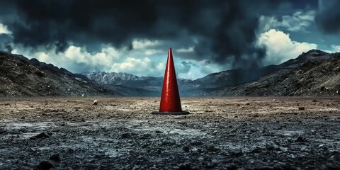 One safety cone stands alone on a desolate site, highlighting the vital role of safety measures during construction activities.