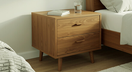 Fototapeta premium Modern Wooden Nightstand with Two Drawers and Books in Bedroom