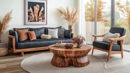 Stylish Living Room with Wooden Furniture and Natural DÃ©cor Elements