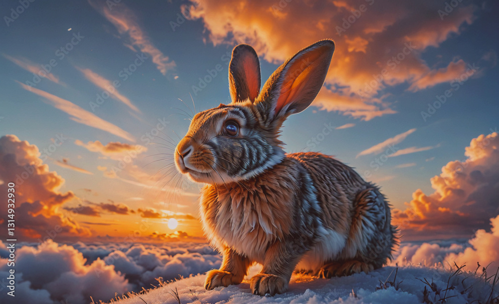 Aufkleber rabbit is sitting on a snowy hill with a beautiful sunset in the background. the rabbit is looking u