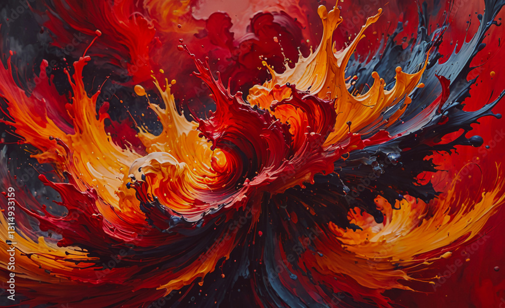 Poster painting of a red and black swirl with orange and black splatters. the painting is abstract and has 