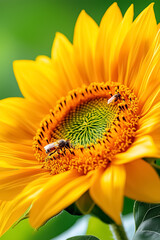 This close-up showcases a vibrant sunflower with detailed yellow petals and rich green seed center, as two bees busily collect nectar in the warmth of a summer day