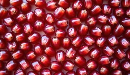 A high-resolution close-up macro shot of glossy, ruby-red pomegranate seeds arranged in a tight, seamless pattern. 