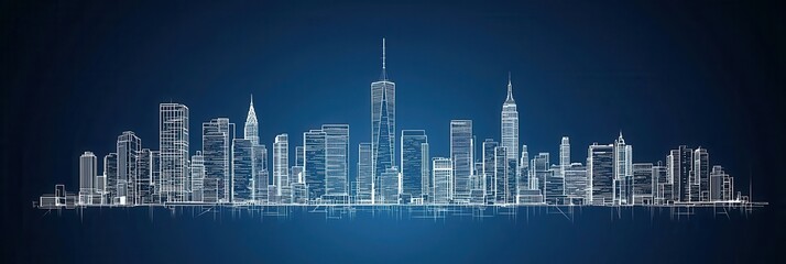 Fototapeta premium Wireframe-style illustration of a city skyline against a deep blue backdrop