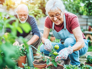 Fototapeta premium Elderly caucasian couple gardening together in sunlit backyard