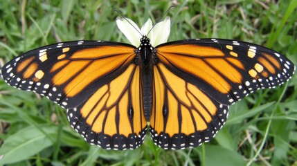 Fototapeta premium Close-up of a monarch butterfly resting on a delicate flower petal.