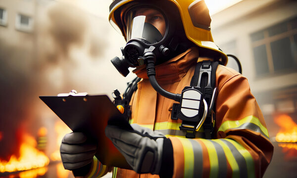 Ein Feuerwehrmann macht Notizen, Protokoll