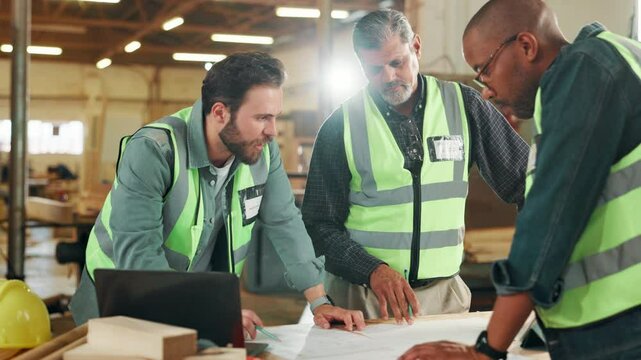 Workshop, business people and discussion with blueprint for architecture, drawing and collaboration. Team, men and architects with sketch for floor plan, project layout and construction renovation