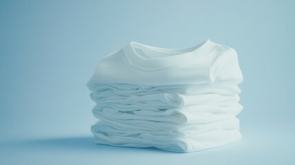 A Pristine Stack Of Freshly Laundered White T-shirts, A Symbol Of Purity And Simplicity Against A Serene Light Blue Backdrop