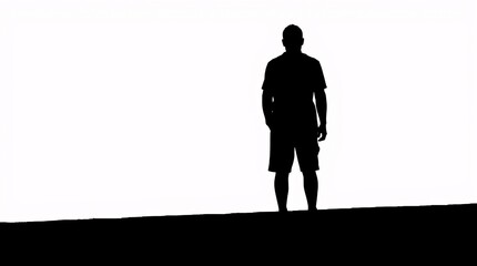Minimalist Lone Figure Silhouette in Contemplation Against White Background