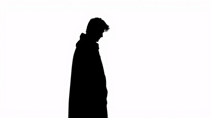 Minimalist Lone Figure Silhouette in Contemplation on White Background