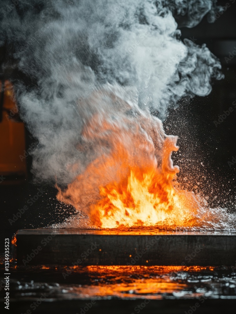 Poster red hot metal billets submerged in water create dramatic steam clouds in a bustling workshop environ