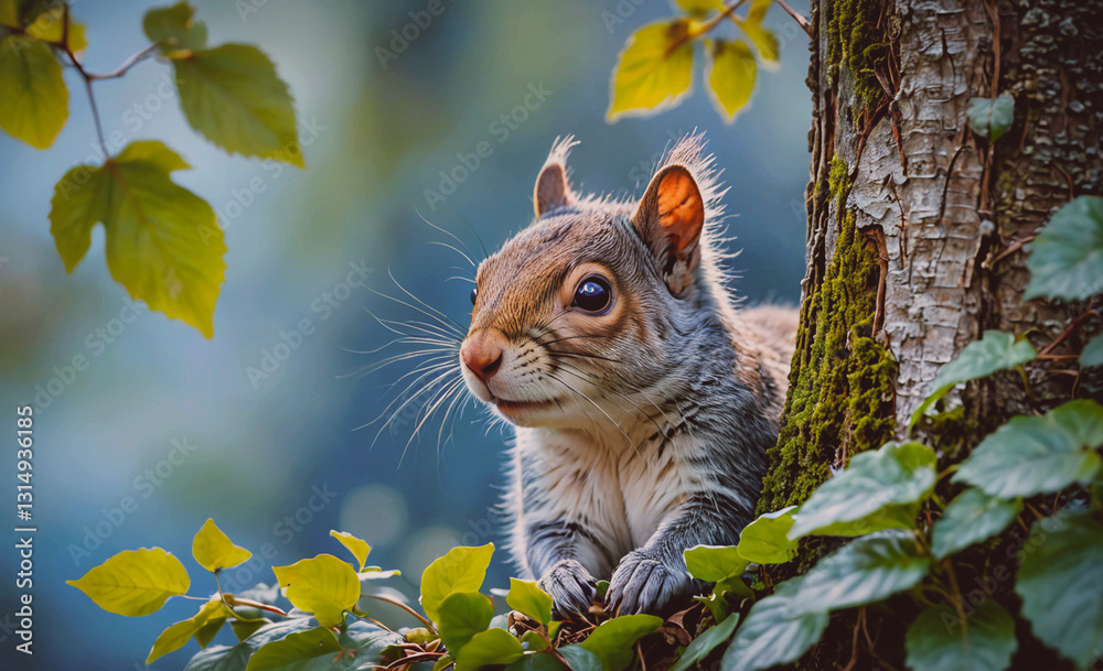Aufkleber Squirrel is sitting on a tree branch. The tree is surrounded by green leaves and has moss growing on it. The squirrel appears to be looking at the camera