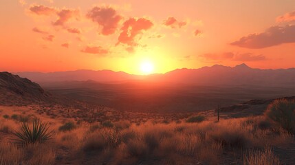A serene sunset over a desert landscape with mountains in the distance.
