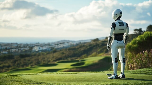 Golf robot with advanced ai calculates optimal shots golf course technology feature sports environment innovative concept