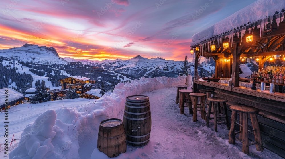 Poster snow blankets the ground as the sun sets behind majestic mountains, casting a warm glow over a rusti