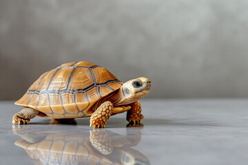 Obraz premium Turtle walking on reflective surface studio environment animal photography close-up nature concept