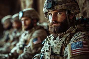 Obraz premium Soldier in uniform stands before fellow soldiers, commanding attention and respect.