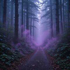 Fototapeta premium Softly glowing purple mist rises from the ground on a quiet forest path with tall trees and underbrush, dense foliage, purple fog