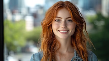 A smiling young woman with long, wavy red hair and freckles wears a denim jacket over a light hoodie.
