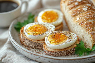Plate with bread and eggs, sizzling on a frying pan on a stove, sunlight filtering through the window onto the kitchen counter.
