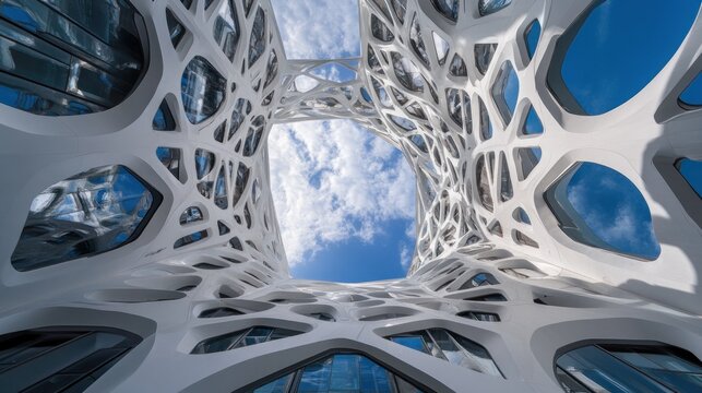 Modern architectural facade, intricate lattice design, looking up to a skylight - Powered by Adobe