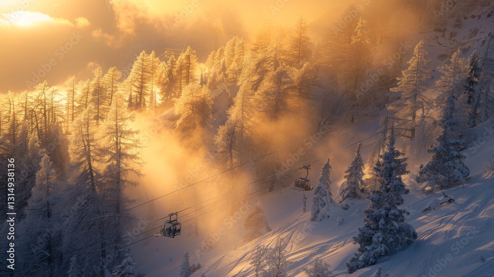 Poster golden sunlight breaks through the clouds, casting a warm glow on snow covered trees and ski lifts. 