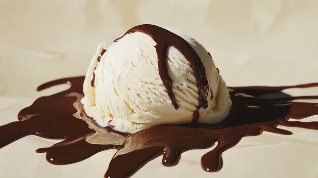 Delicious scoop of ice cream with chocolate sauce.