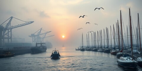 Tranquil harbor sunrise with docked sailboats and industrial cranes in the mist