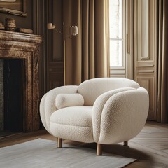 Elegant Ivory Textured Boucle Chair Sits in a Cozy Room
