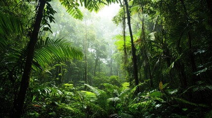 Dense tropical rainforest with vibrant foliage and a misty atmosphere.