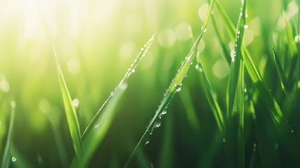 Obraz premium Dewdrops glistening on fresh green leaves in the soft morning light.