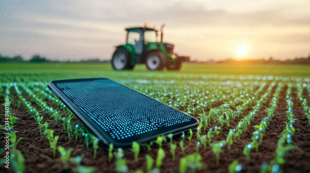 Poster farmers utilize smart devices to monitor and optimize crop growth as the sun sets over green fields.
