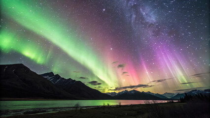 stunning display of aurora borealis illuminates night sky with vibrant green and purple hues, reflecting beautifully on calm water below