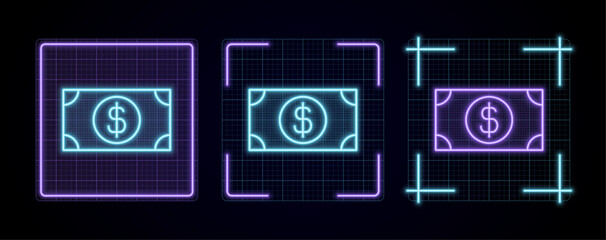 Money illustration, cyber neon visual, glowing border grid vector.	