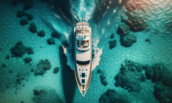 Eine Motoryacht auf strahlend blauem Meer aus der Vogelperspektive, von oben