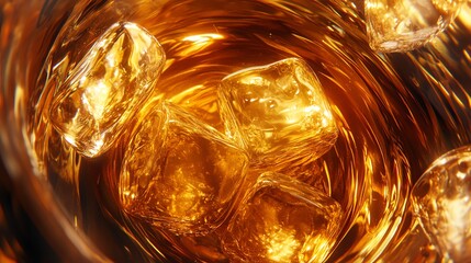 Glass of whiskey with ice cubes close-up.