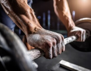 close up of chalked hands gripping a barbell capturing the intensity and focus of weightlifting and strength training chalked hands gripping barbell in gym