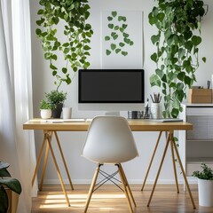 A desk with plants and computer in a lightfilled setting
