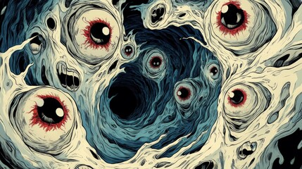 Creepy eyeballs emerging from dark, viscous, and pulsating abyss