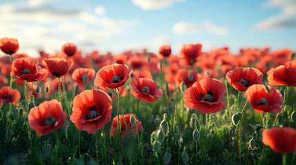 A vibrant field of red poppies under a blue sky, creating a picturesque and serene natural landscape.