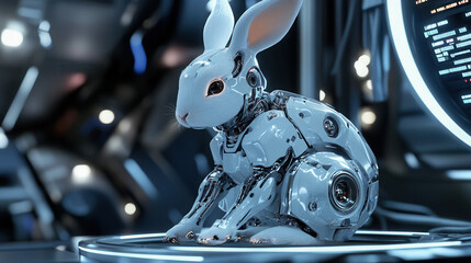 Futuristic robotic rabbit display high-tech laboratory digital art sci-fi environment close-up view innovation concept