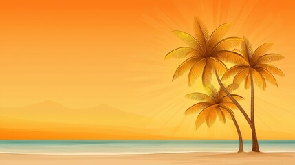 Warm Orange Sunset Over a Tropical Beach with Two Palm Trees
